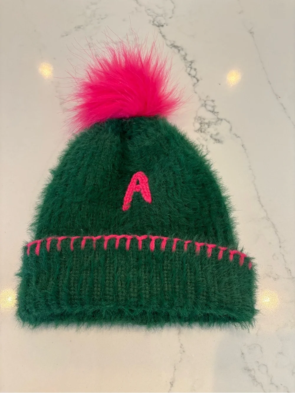 Dark Green Faux Fur Beanie with Hot Pink Pom Pom